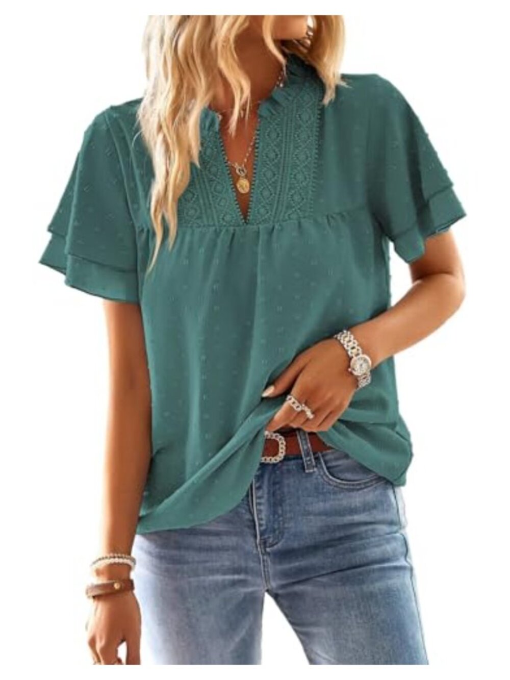 Womens Boho Flowy V-Neck Crochet Lace Top, Short Sleeve Blouse